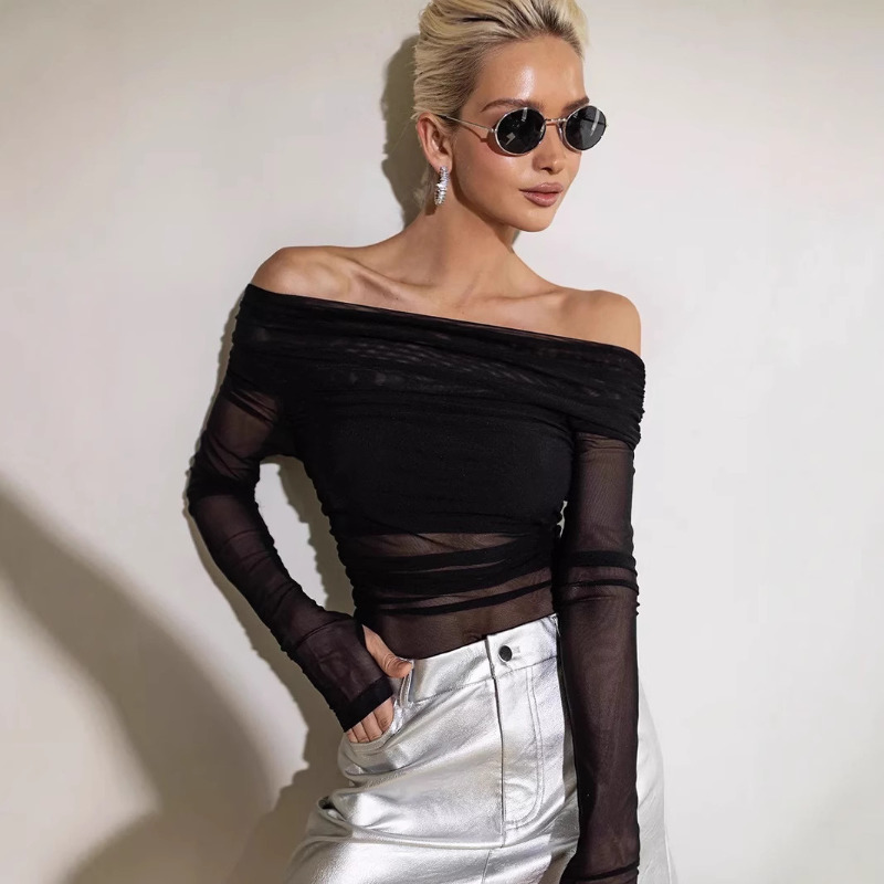 Women'S Fashion Tops - Women Mesh Off Shoulder Top Sheer
