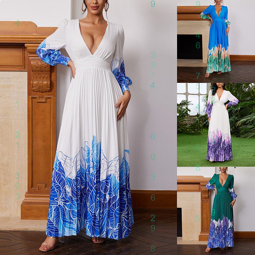 Maxi Dress Boho - V Neck Pleated Print Long Dress