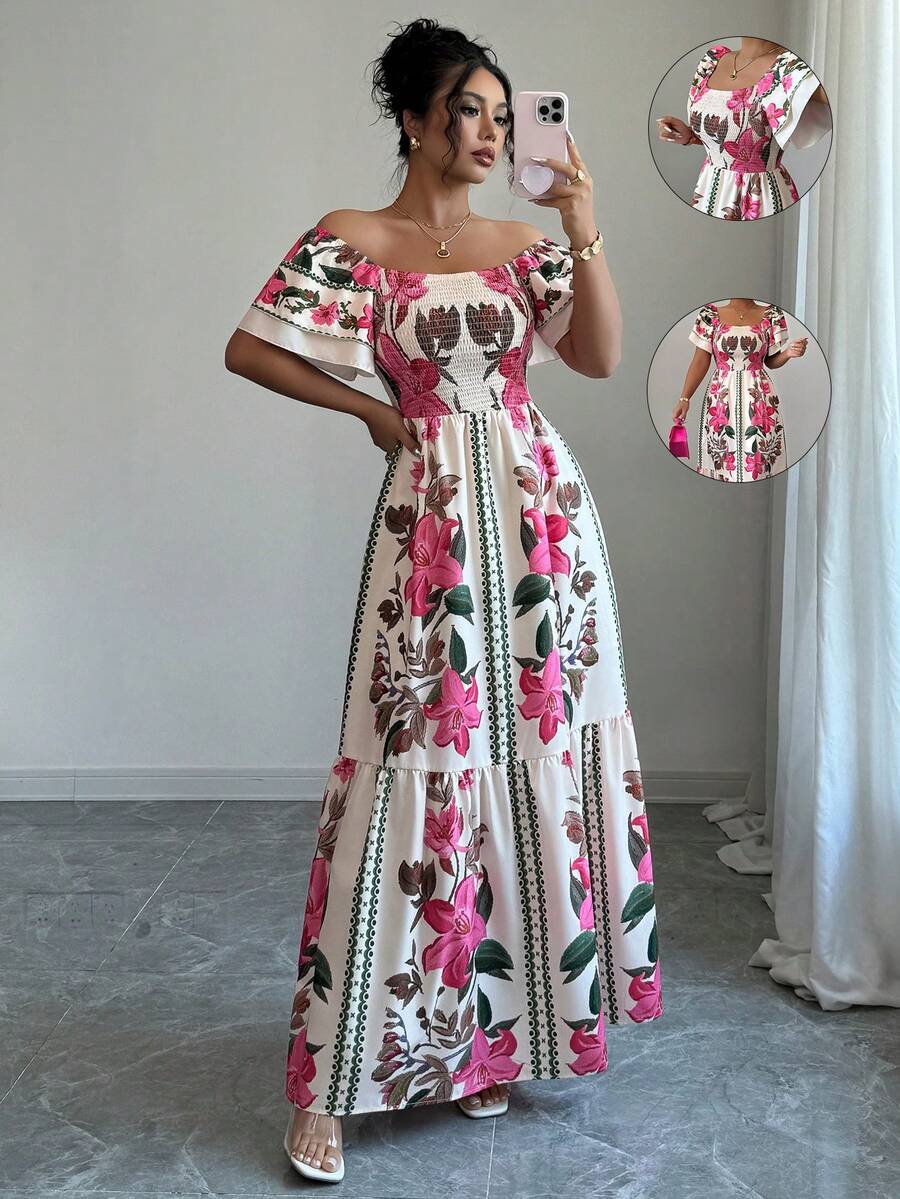 Maxi Dress Boho - Women Pink Green Floral Print Off