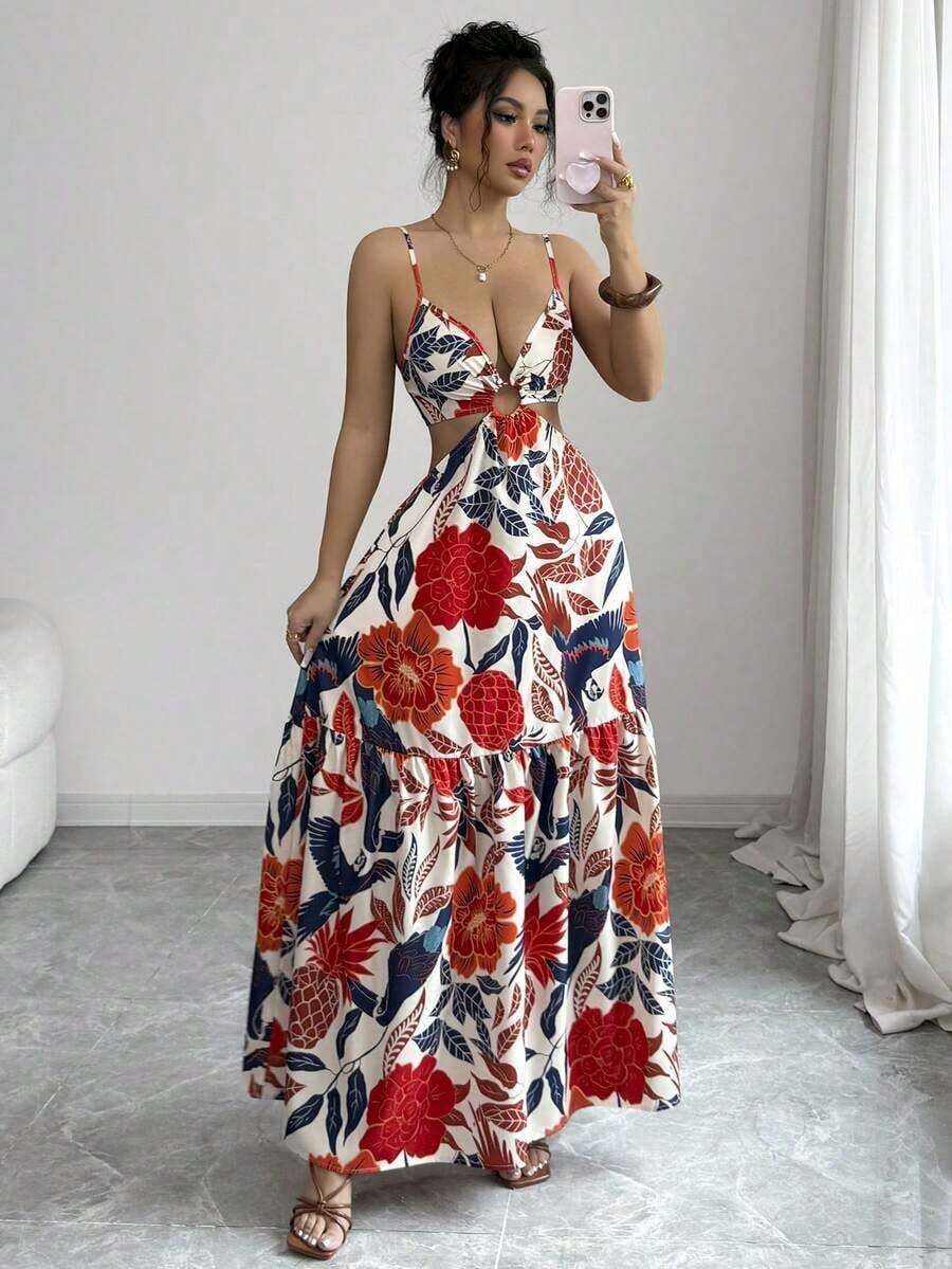 Maxi Dress Boho - Womens Floral Print Sleeveless Cut-Out Waist
