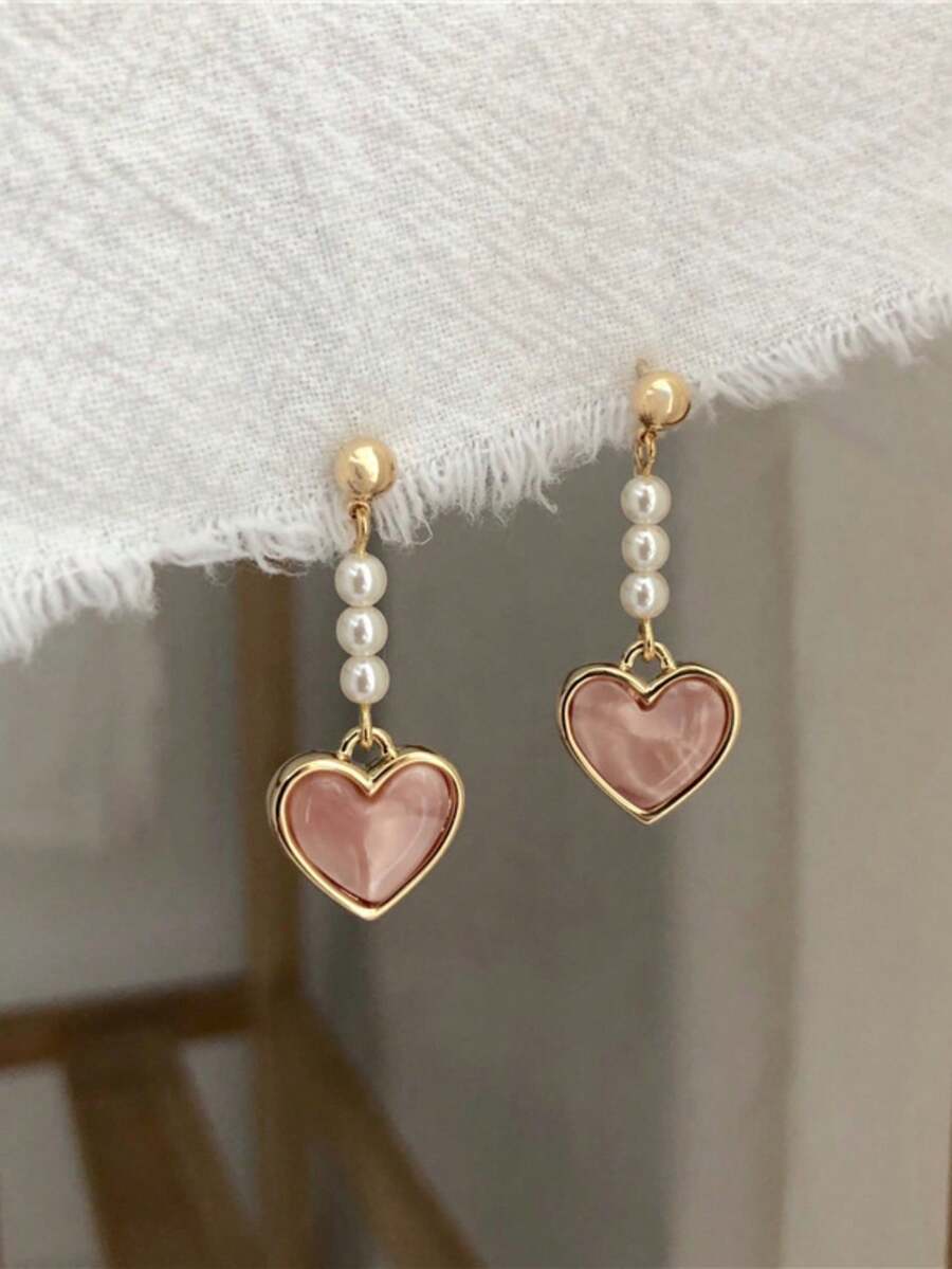 Women'S Fashion Earrings - 1 Pair Metal Heart & Pearl