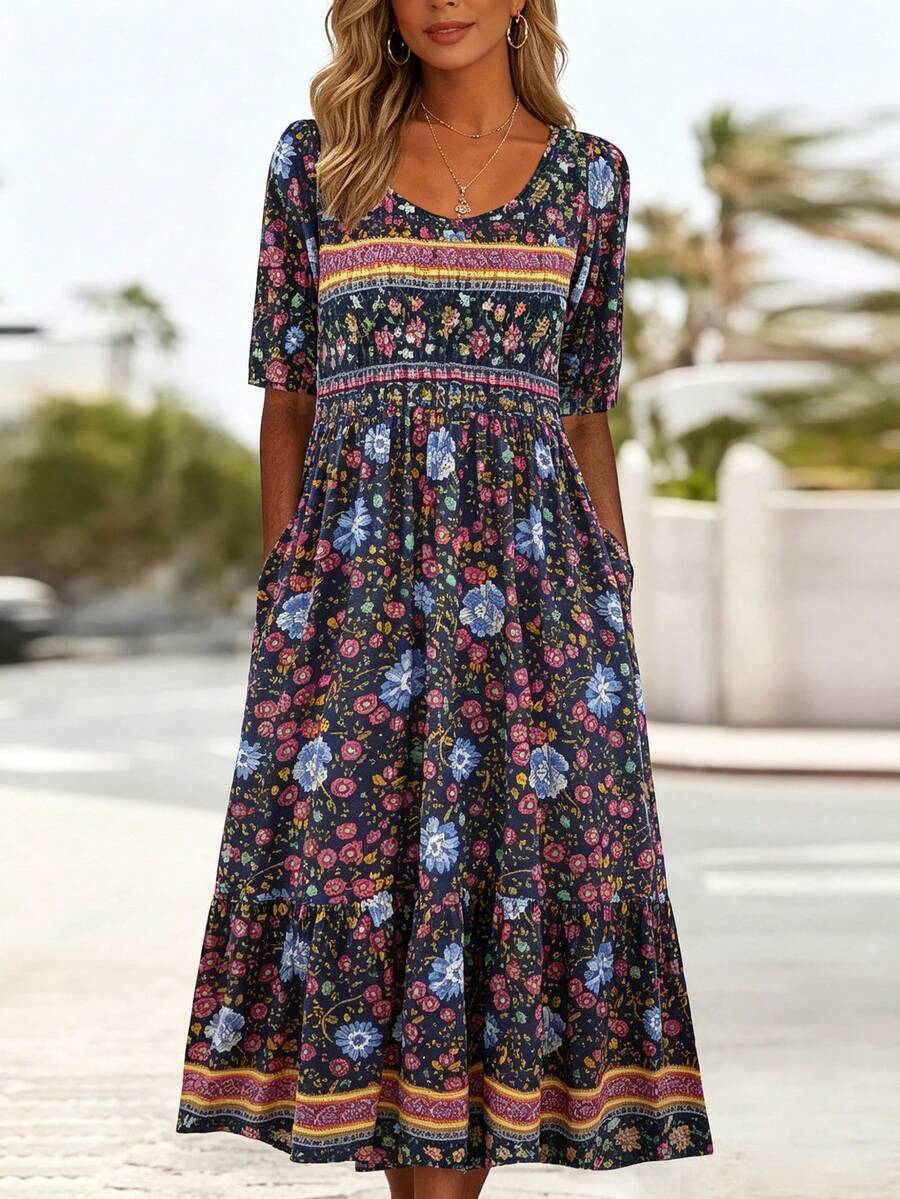 Boho Floral Print Womens Round - Maxi Dress Boho recensione e prezzo