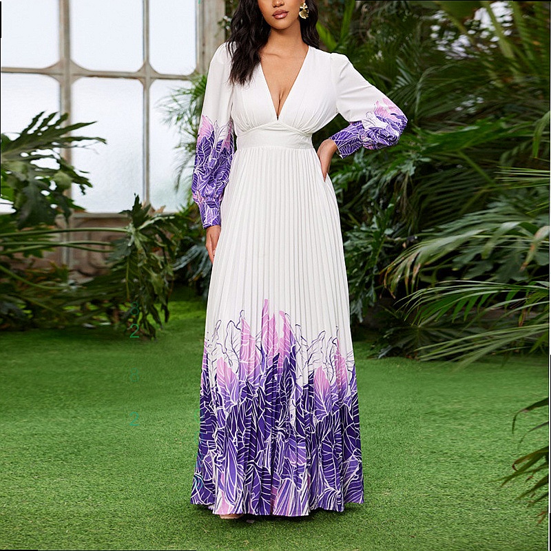 V Neck Pleated Print Long Dres - Maxi Dress Boho recensione e prezzo