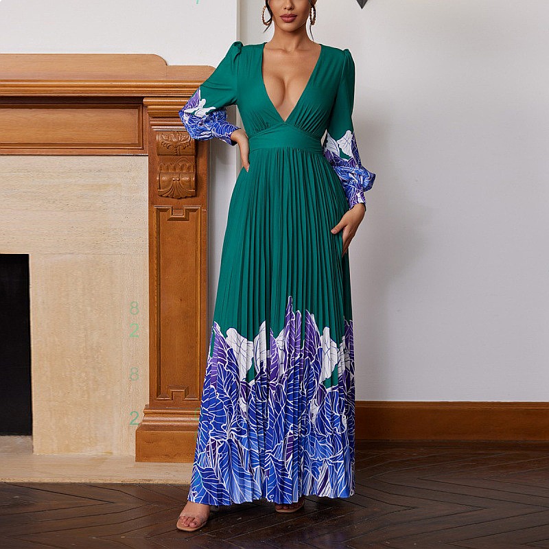 V Neck Pleated Print Long Dres - Maxi Dress Boho recensione e prezzo