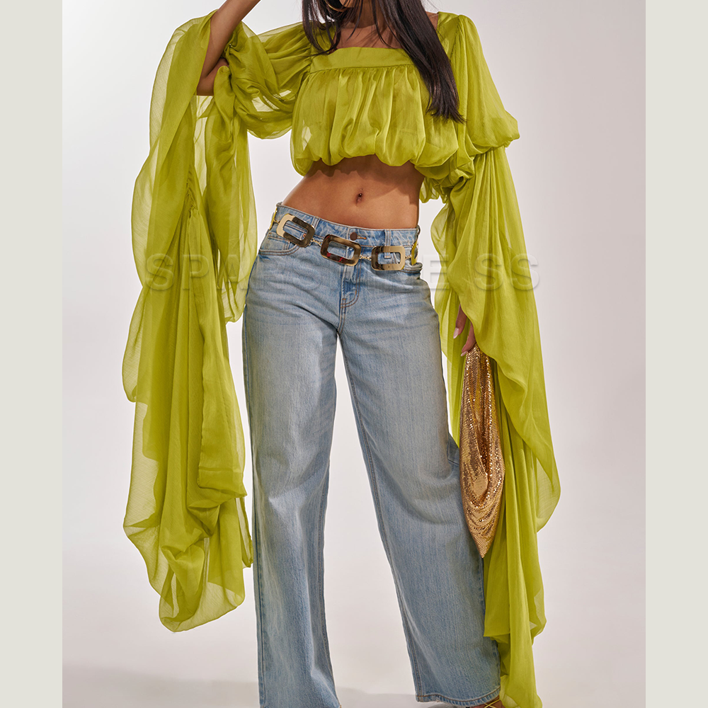 Women Chiffon Crop Top, Puff L - Women'S Fashion Tops recensione e prezzo