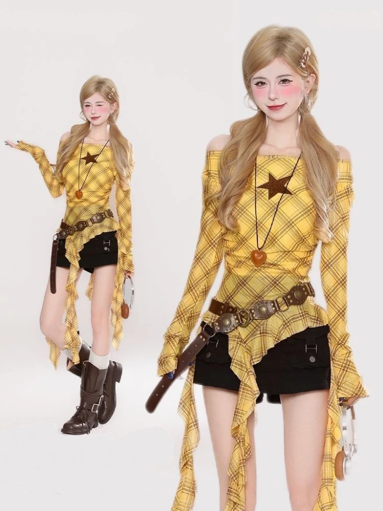 Y2K Plaid Slash Neck Vintage T - Women'S Fashion Tops recensione e prezzo