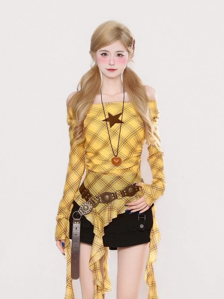 Y2K Plaid Slash Neck Vintage T - Women'S Fashion Tops recensione e prezzo