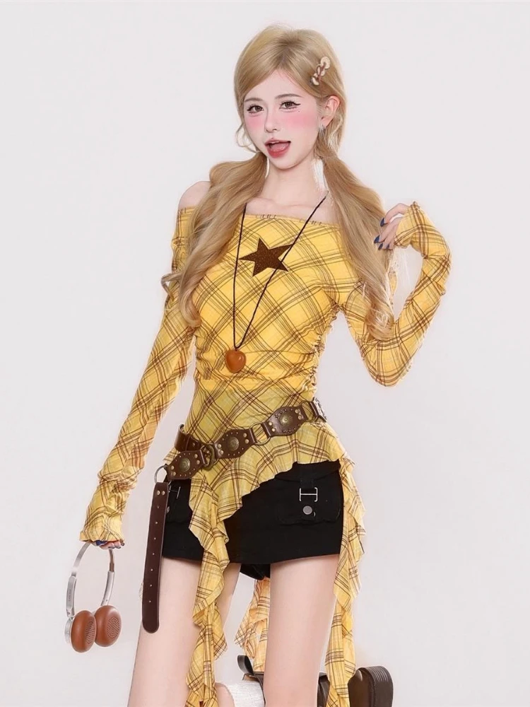 Y2K Plaid Slash Neck Vintage T - Women'S Fashion Tops recensione e prezzo