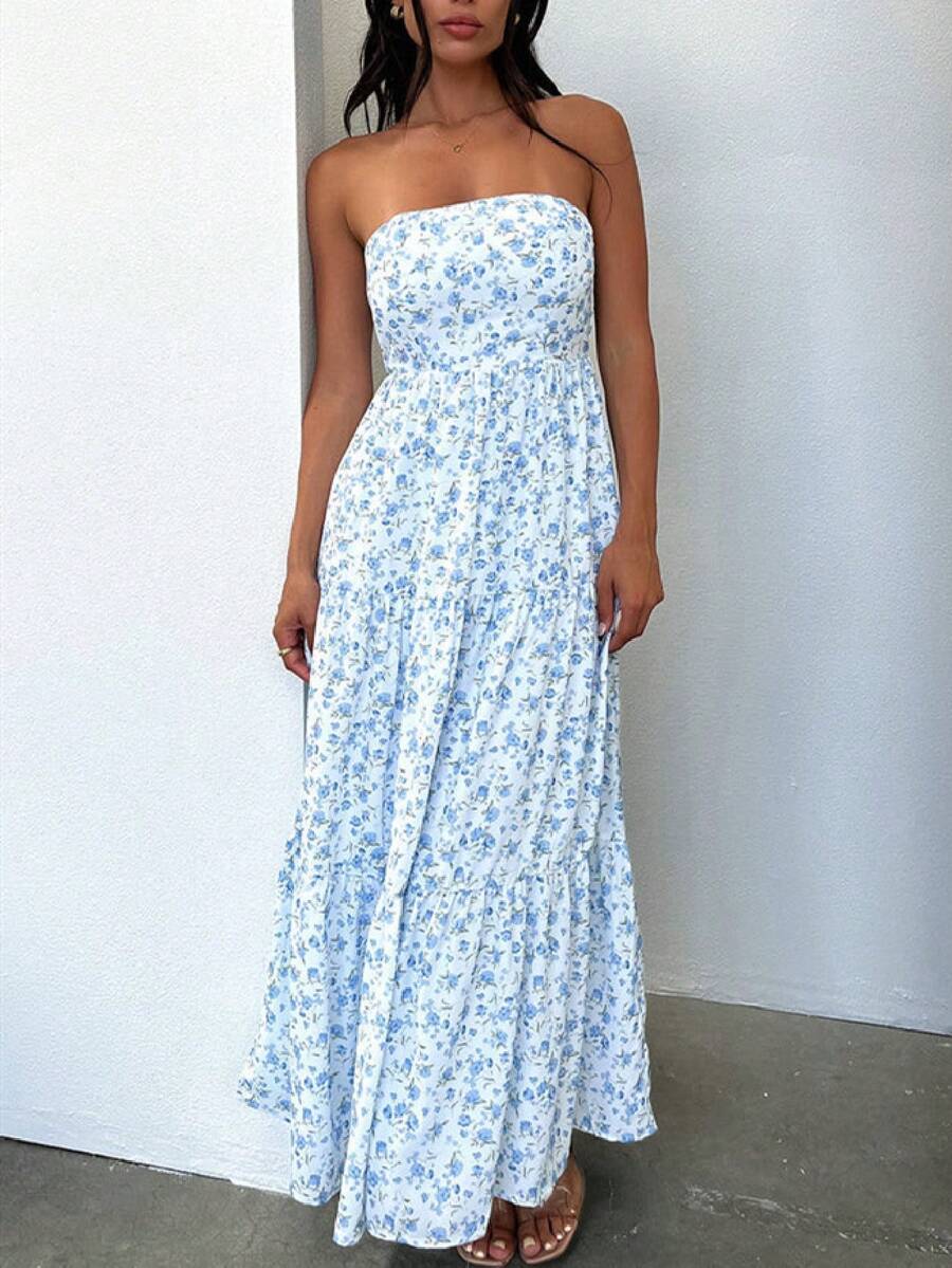 Women Strapless Flowy Tiered M - Maxi Dress Boho recensione e prezzo
